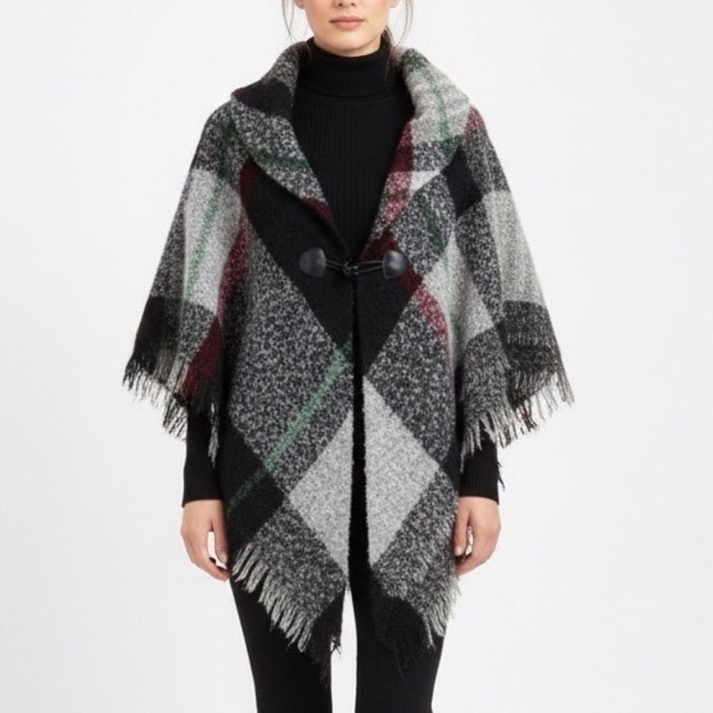 Altare Poncho Shrug Womens Gray Plaid Fringe Toggle Shawl Lapel Wrap Street Wear